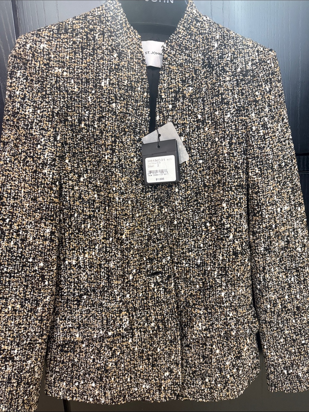 St. John Black, Gold & Cream Bouclé Collarless Jacket